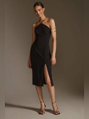 ANTHROPOLOGIE / HUTCH Black Asymmetric Halter Midi Dress with Thigh Slit